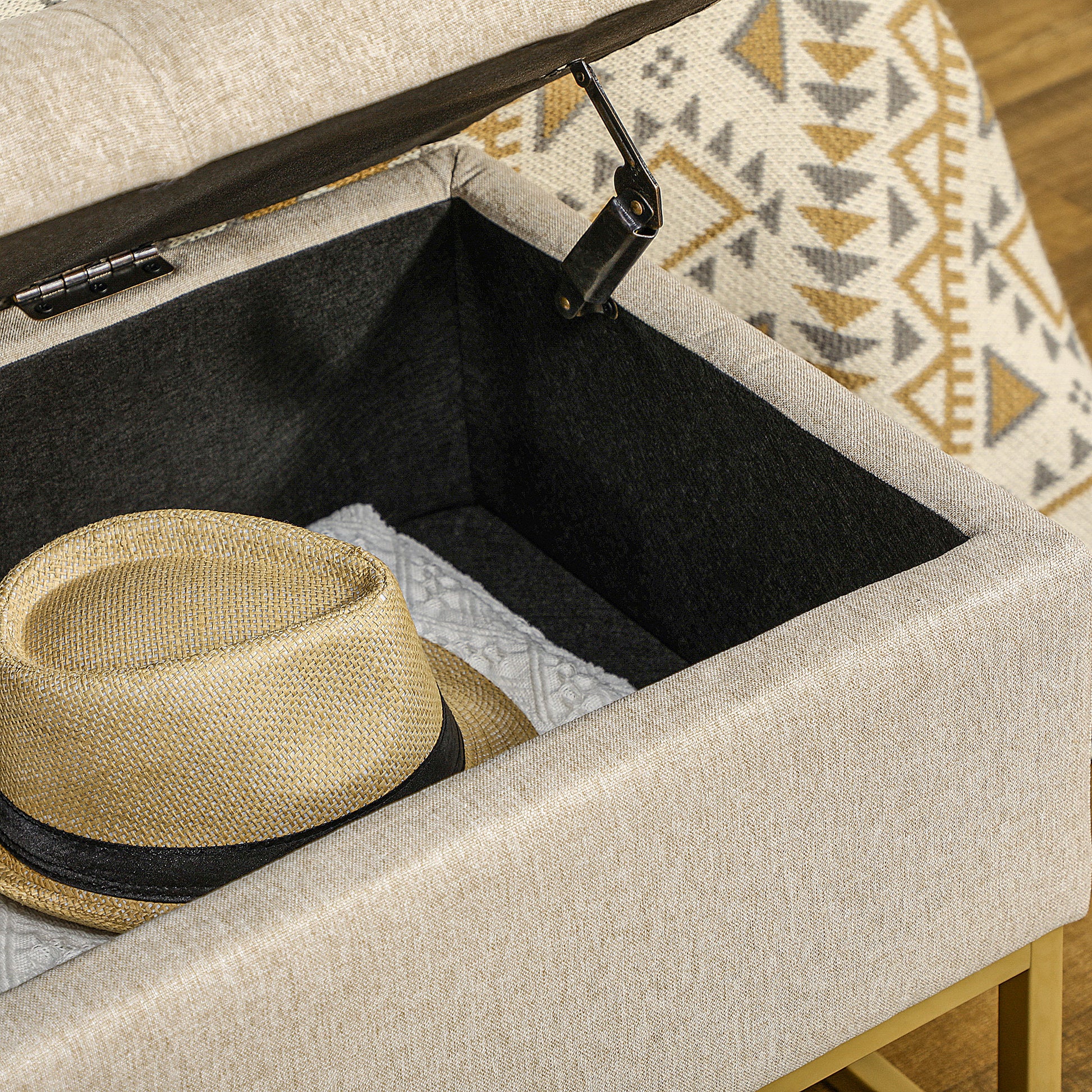 Storage Ottoman with Flip Top, Upholstered Storage Bench, Linen Fabric Footstool with Steel Legs for Living Room, Bedroo