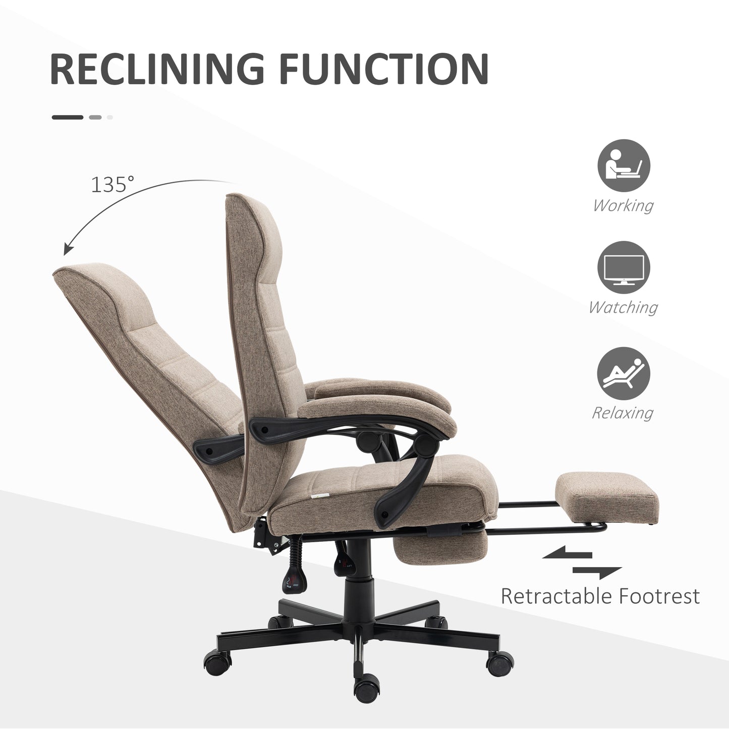Office Chair, Linen High Back Computer Desk Chair, Swivel Recliner with Adjustable Height, Footrest and Padded Armrest, 