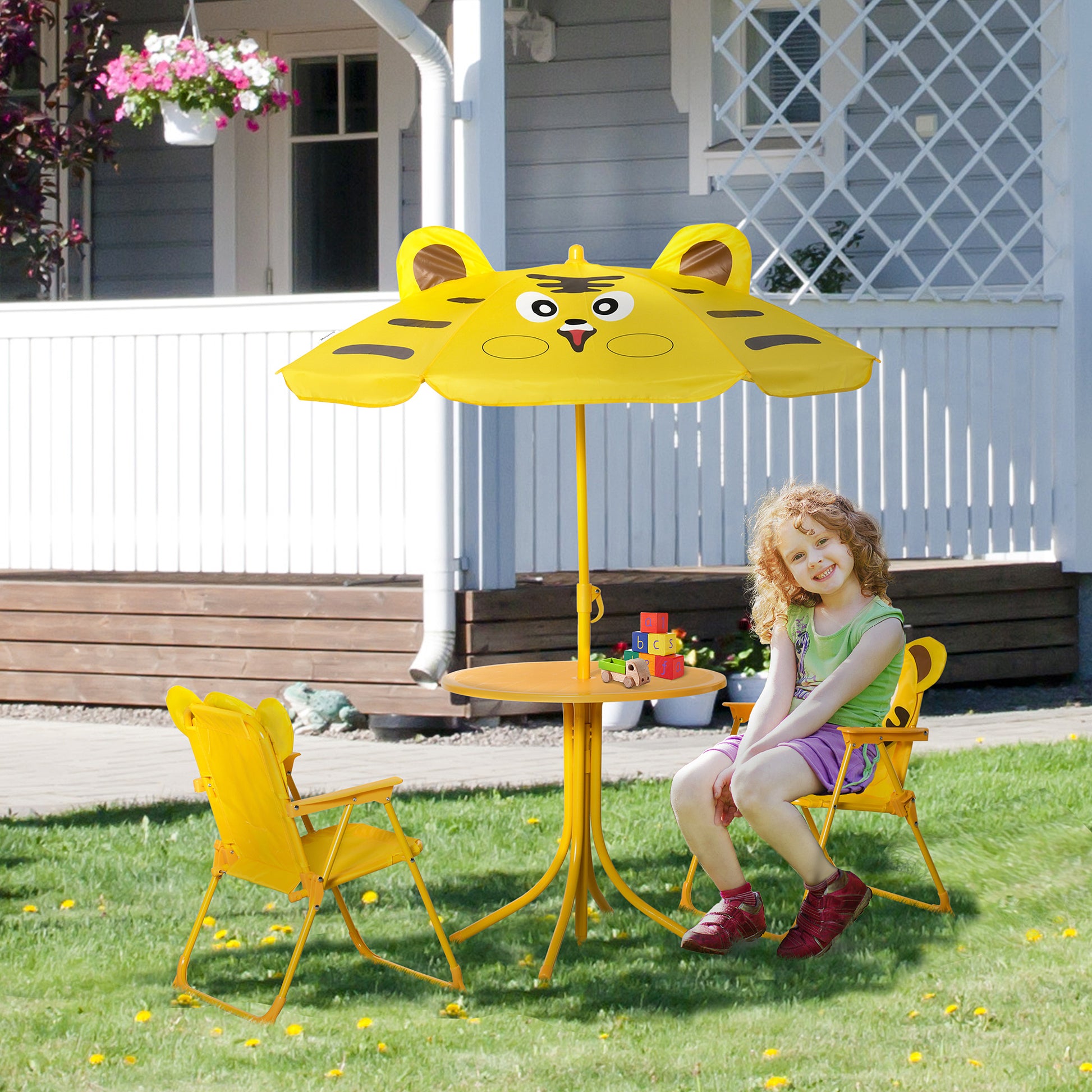 Kids Folding Picnic Table and Chair Set Pattern Outdoor Garden Patio Backyard with Removable & Height Adjustable Sun Umb