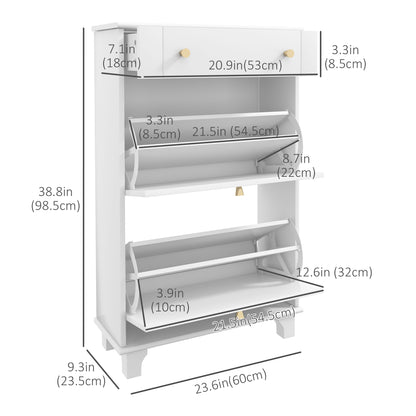 Slim Shoe Storage with 2 Flip Drawers and Adjustable Shelves Shoe Cabinet Organizer for 8 Pair,  White