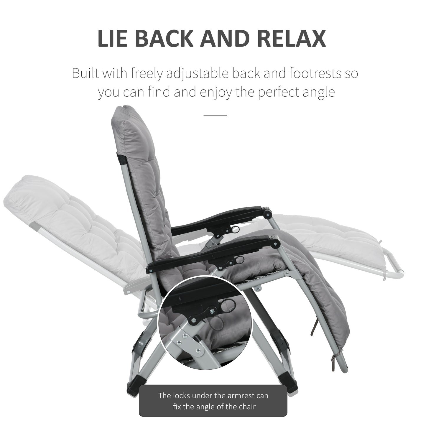 Folding Garden Chairs Set of 2, Reclining Zero Gravity Chair, Sun Lounger with Cushion and Headrest, Dark Grey