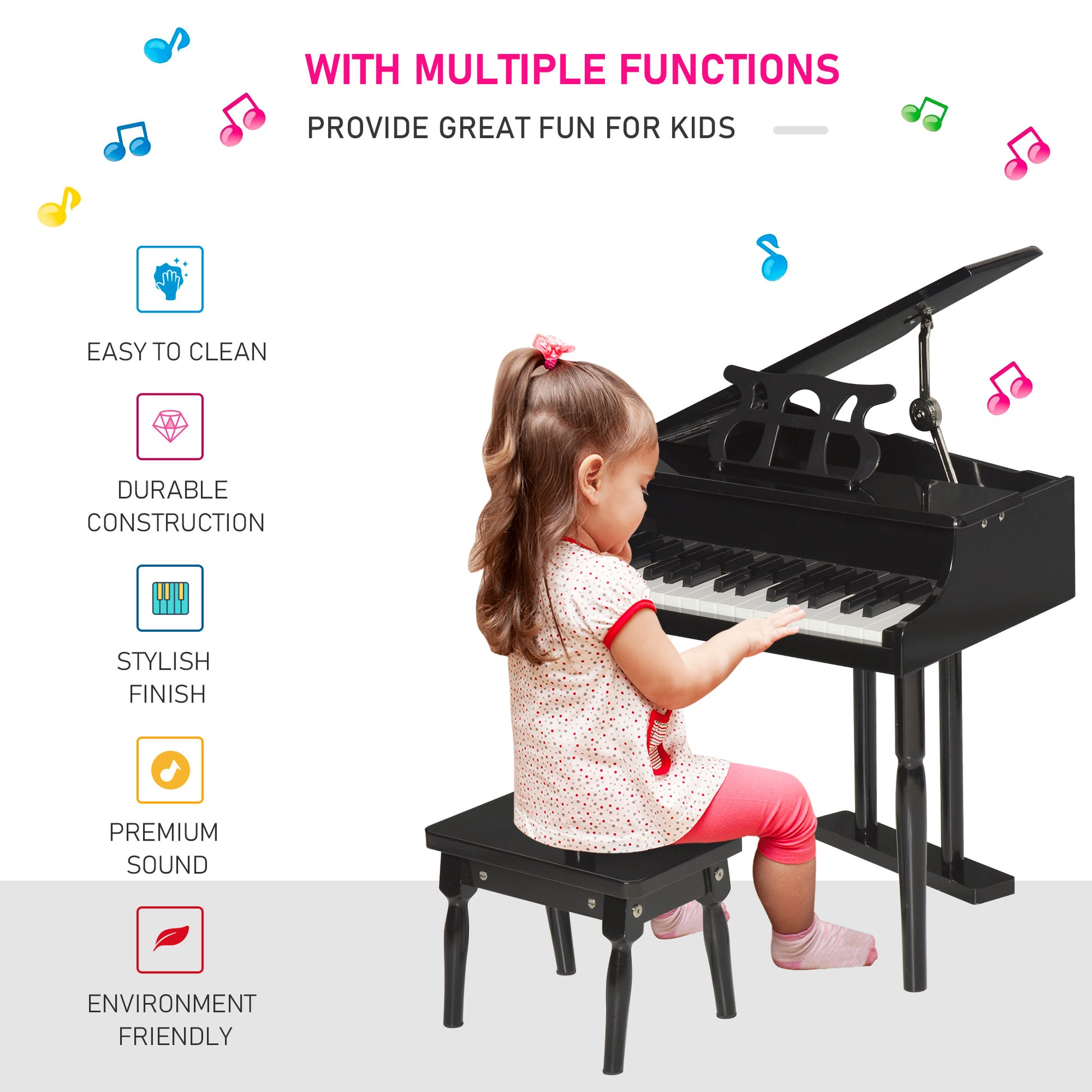 Modern Kids Piano, 30 Keys, Set of 2, Mini Toy for Child, Grand Piano with Music Stand and Bench, Ideal Gift, Black