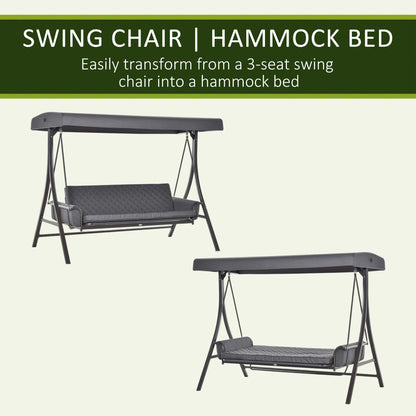3 Person Porch Swing Bench with Adjustable Canopy, Cushions, Pillows for Porch and Backyard, Dark Grey