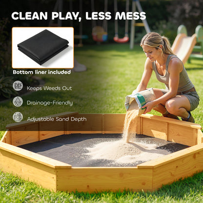 Qaba Wooden Kids Wooden Sandbox with Large Canopy, Outdoor Sand Box with 4 Bench Seats, Bottom Liner for Aged 3-8, Yello