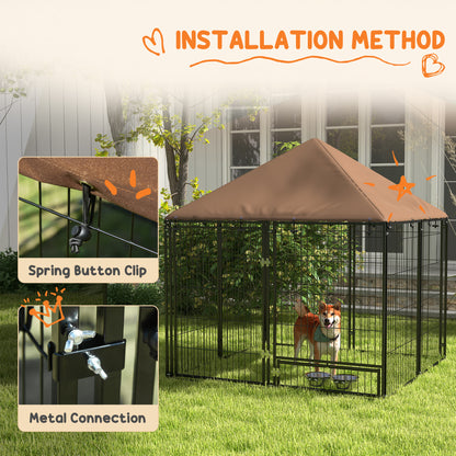 4.6' x 4.6' x 5' Outdoor Dog Kennel with Canopy, Rotating Bowls, Coffee