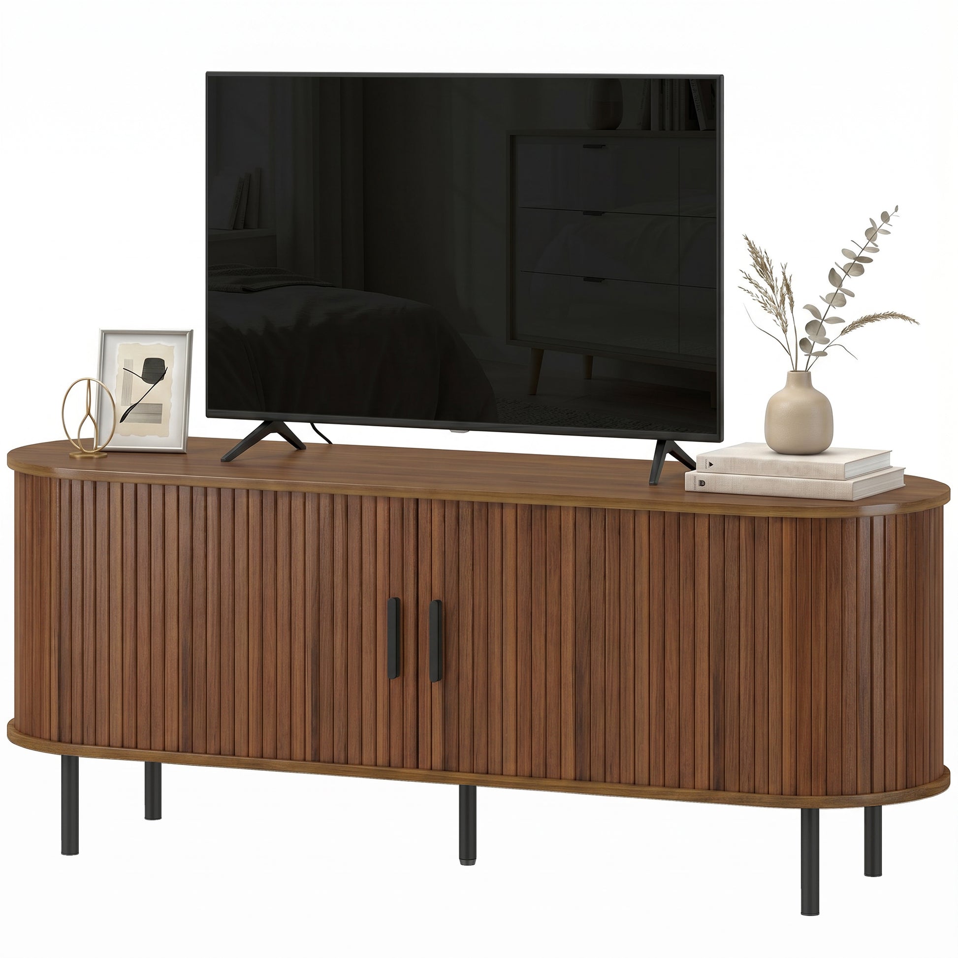TV Stand for TVs up to 60", Modern Entertainment Center with Curved Sliding Doors, Walnut Brown