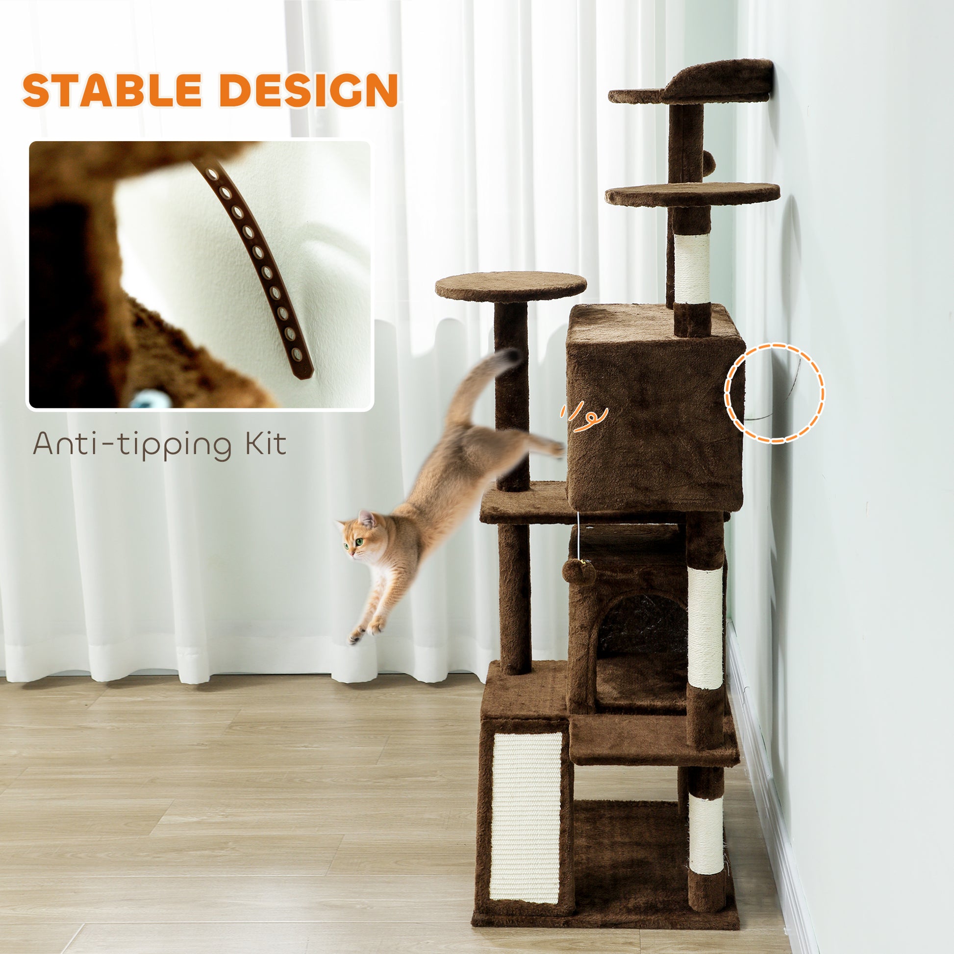 54" Cat Tree, Multi-Level Cat Tower with Scratching Posts, Cat Condos, Bed, Platforms, Ramp, Toy Ball, Light Brown