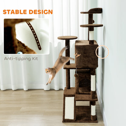 54" Cat Tree, Multi-Level Cat Tower with Scratching Posts, Cat Condos, Bed, Platforms, Ramp, Toy Ball, Light Brown