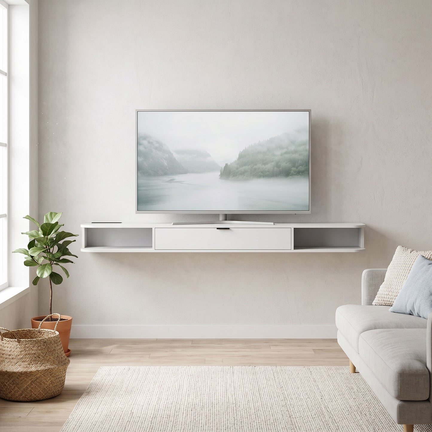 71" Floating TV Stand for TVs up to 75 Inch, Wall Mounted Media Console with Flip Drawer and 2 Open Shelves, White