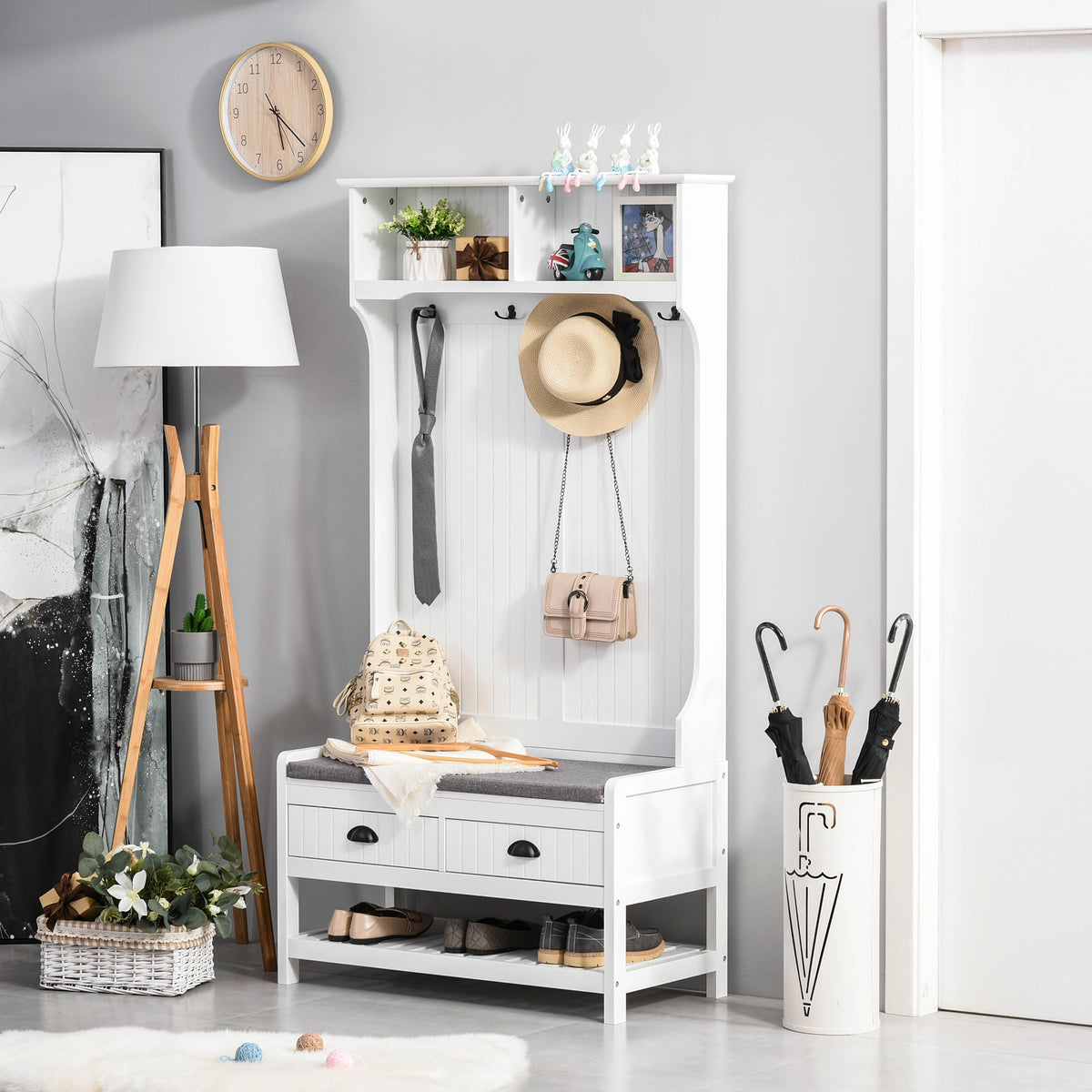 Coat Rack Shoe Bench, Hall Tree with Bench and Shoe Storage, Entryway Bench with 4 Hooks, 2 Drawers, 2 Shelves, White