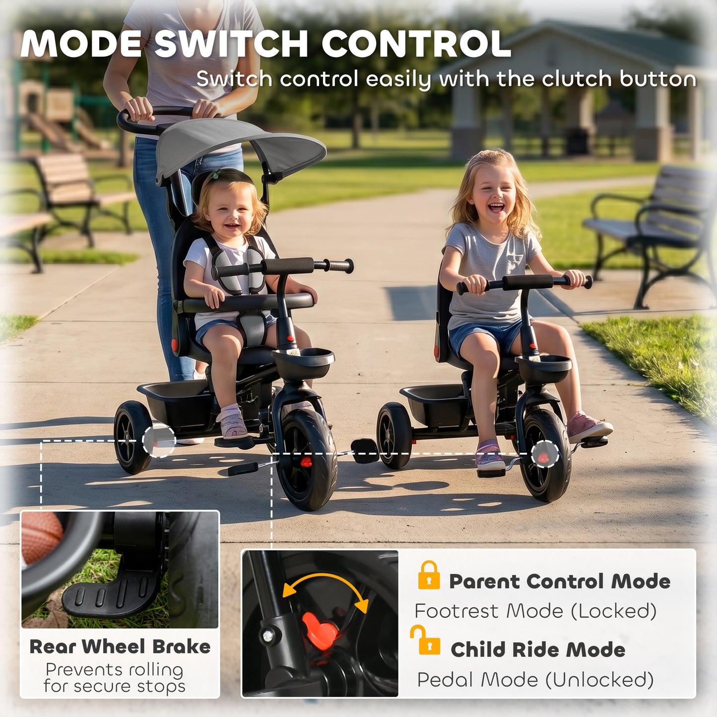 Qaba Tricycle for Toddler 5 in 1 Kids Trike, Converts Stroller to Toddler Bike, Adjustable Backrest & Flat Canopy, Detac