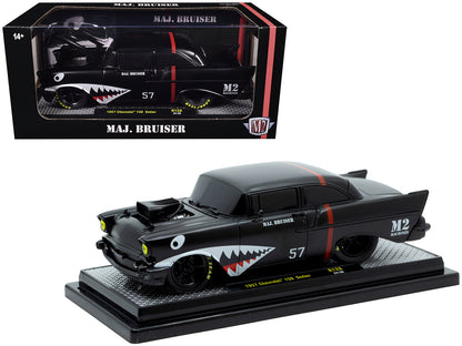 1957 Chevrolet 150 Sedan "Maj. Bruiser" Matt Black with Red Stripe and Shark Mouth Graphics Limited Edition to 6650 pieces Worldwide 1/24 Diecast Model Car by M2 Machines