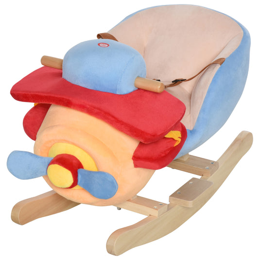 Qaba Baby Rocking Horse Plane Design Plush Stuffed Rocking Chair, Wooden Rocking Horse with Sound, Seat Belt for Boys an