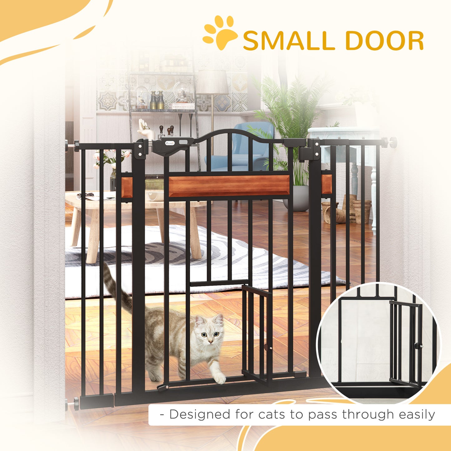 29.1''-41.3'' Extra Wide Dog Gate with Cat Door, Stair Pressure Fit, Auto Close, Double Locking, for Doorways, Hallways