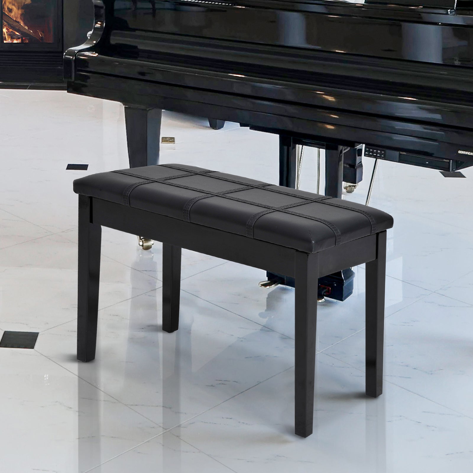 Classic Piano Bench Stool, PU Leather Padded Keyboard Seat with Rubber Wood Legs and Music Storage Compartment, Banded S