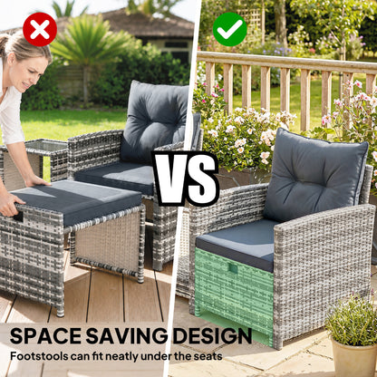 5 Piece Patio Furniture Set, Wicker Patio Chairs with Ottomans, 2-Tier Glass Coffee Table and Cushions, Grey/Dark Grey