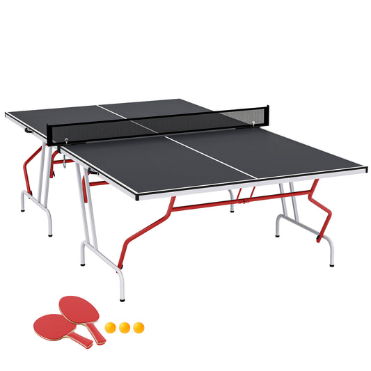 Soozier 9' x 5' Full Size Table Tennis Table, Folding Ping Pong Table with Paddles and Balls, Dark Grey