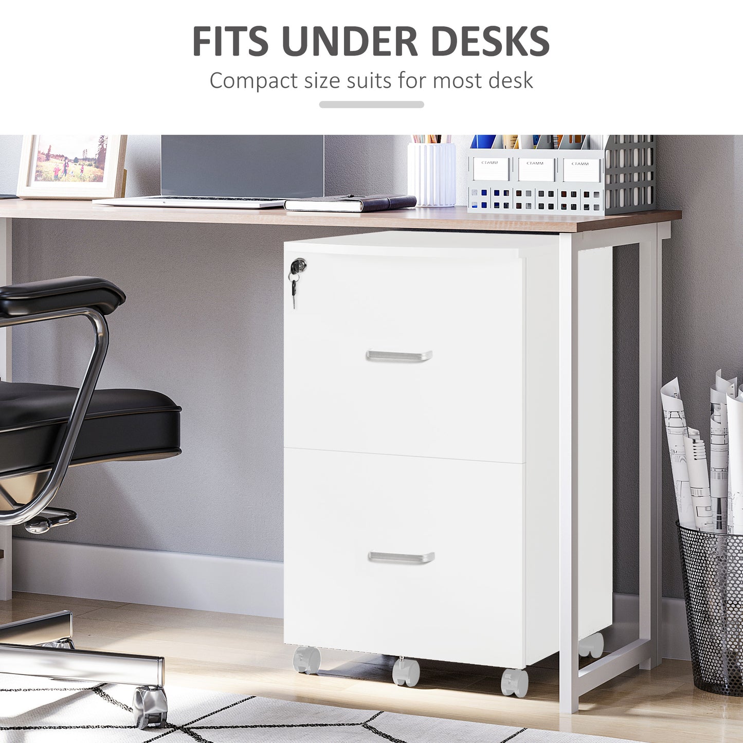 2 Drawer File Cabinet with Lock, Small Rolling Filing Cabinet for A4, Letter-Size Documents, Printer Stand for Home Offi