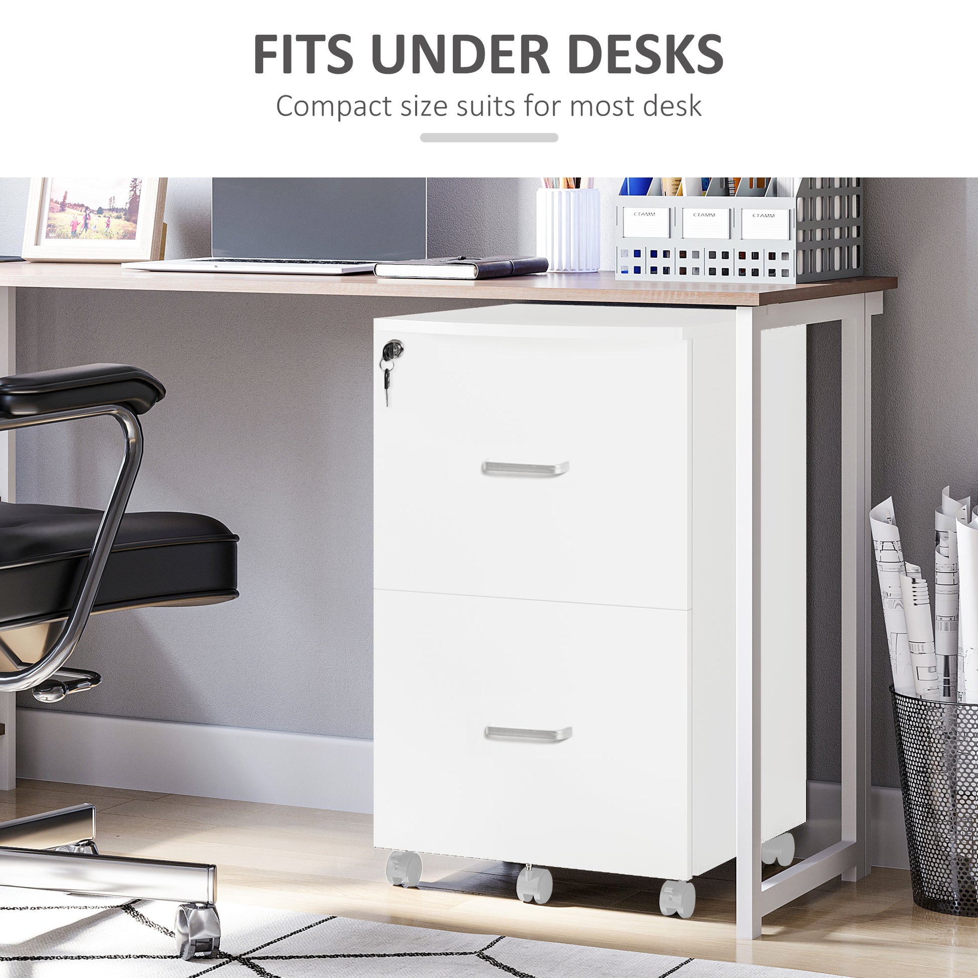 2 Drawer File Cabinet with Lock, Small Rolling Filing Cabinet for A4, Letter-Size Documents, Printer Stand for Home Offi