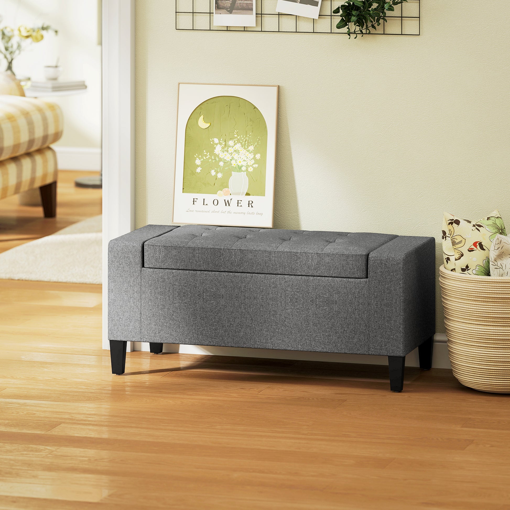36" Storage Ottoman Bench, Linen-Look Fabric End of Bed Bench with Solid Wood Frame and Legs, Tufted Storage Chest, Foot