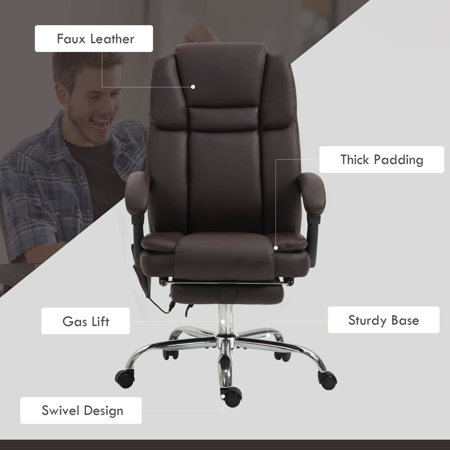 Massage Office Chair, Reclining Executive Office Chair with 6-Point Vibration, Footrest and High Back, Dark Brown