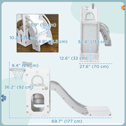 Qaba 5 in 1 Toddler Slide with Basketball Hoop, Climber, Telescope, Storage Basket, for 1-3 Years Kids Indoor Use, Grey