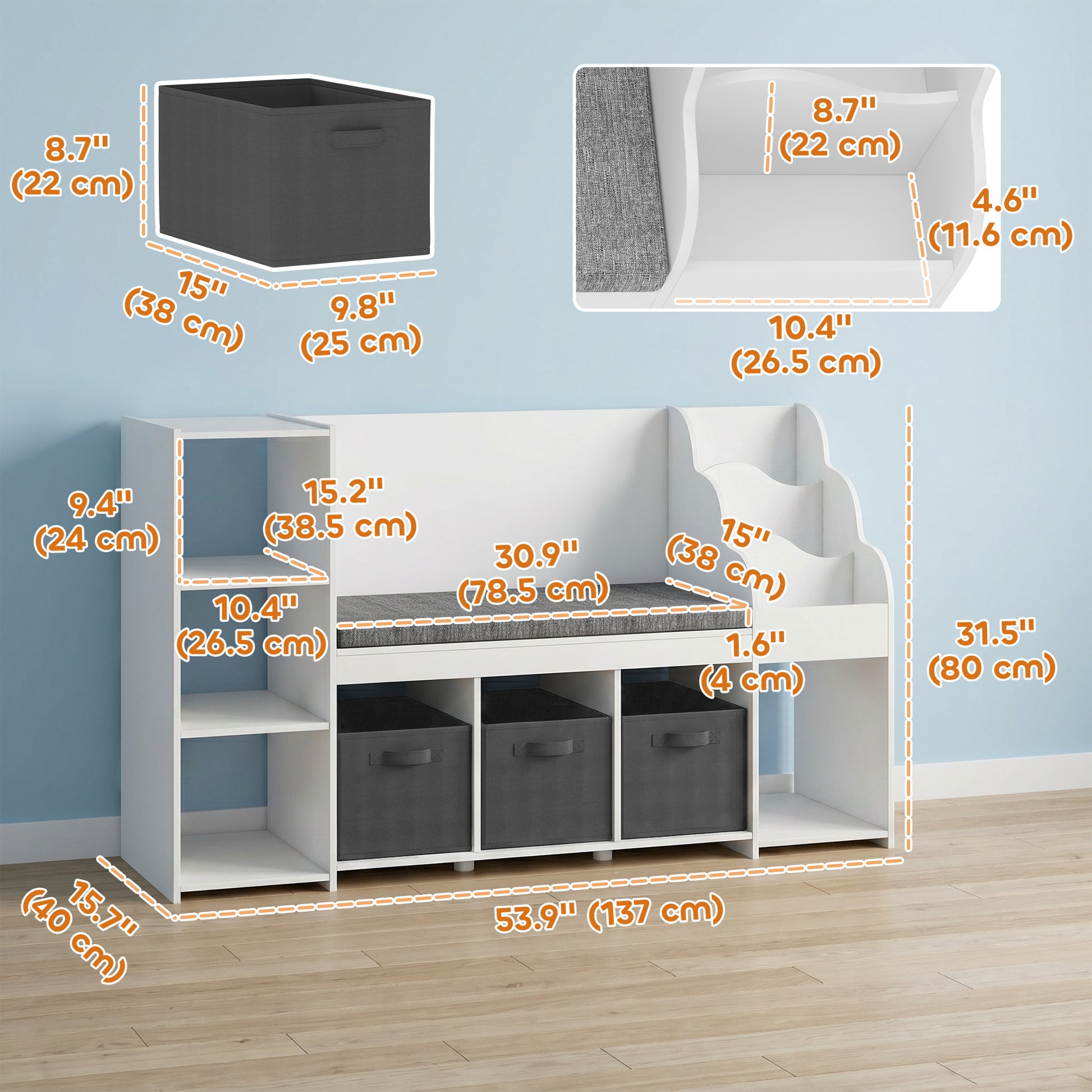 Qaba Kids Storage Shelf with Reading Nook, Toy Storage Organizer with Seat Cushion, 3 Fabric Drawers for Playroom, Nurse