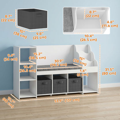 Qaba Kids Storage Shelf with Reading Nook, Toy Storage Organizer with Seat Cushion, 3 Fabric Drawers for Playroom, Nurse