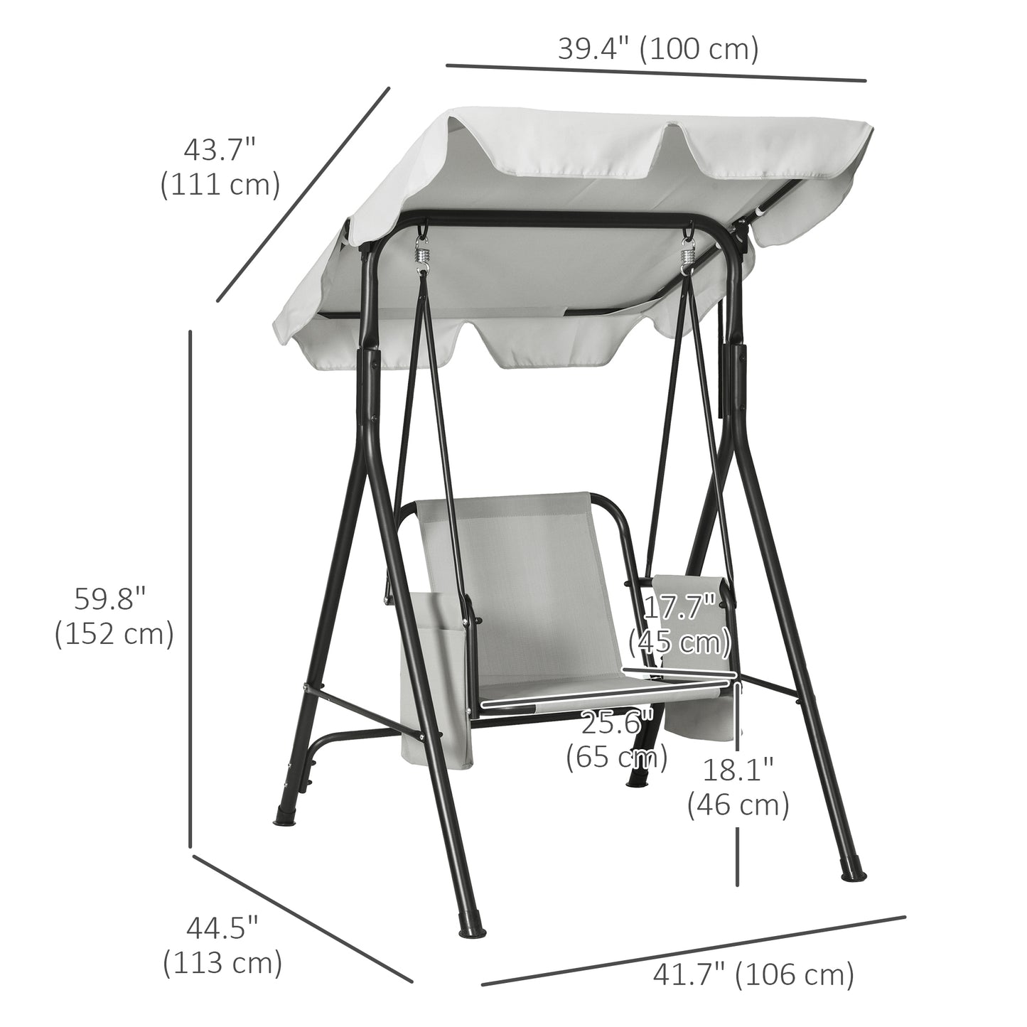 1-Seat Outdoor Porch Swing Patio Swing with Adjustable Canopy, Removable Seat and Back Cushion for Garden, Poolside