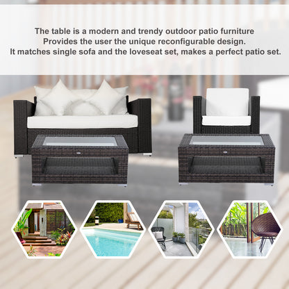 2-Tier Rattan Patio Coffee Table Wicker Patio Tea End Desk with Tempered Glass Top & Storage for Balcony, Backyard, Pool