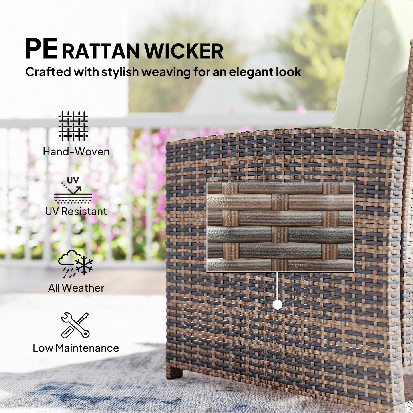 5 Piece Patio Furniture Set, Wicker Patio Chairs with Ottomans, 2-Tier Glass Coffee Table and Cushions, Brown/Cream