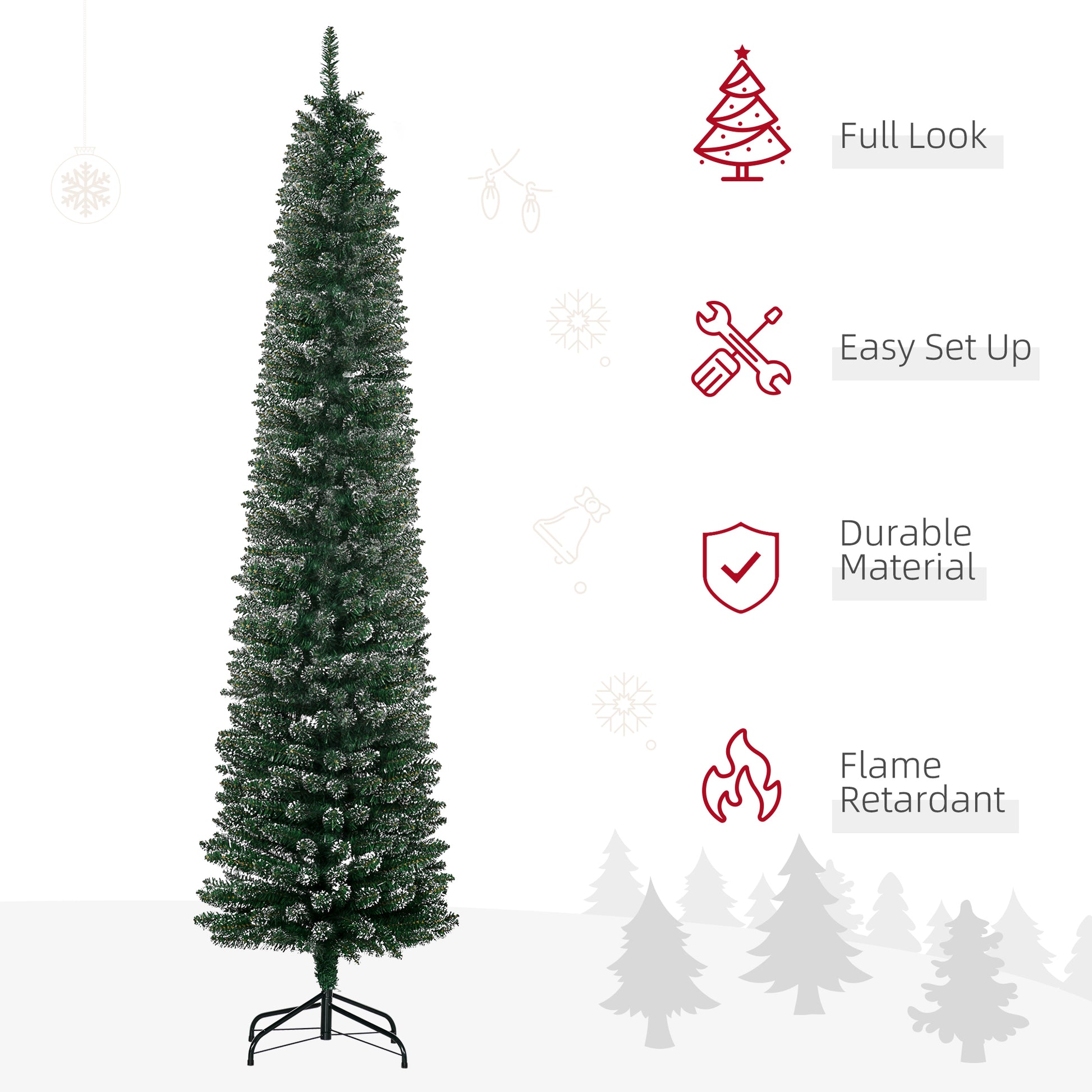 7.5FT Artificial Snow Dipped Christmas Tree Xmas Pencil Tree Holiday Home Indoor Decoration with Foldable Black Stand, G