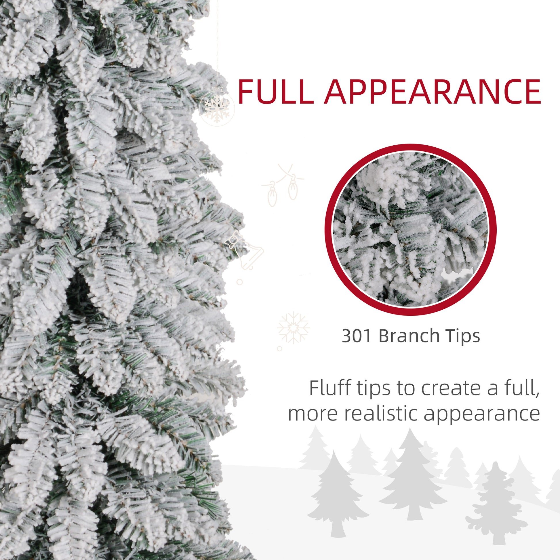 5ft Snow-Flocked Artificial Christmas Tree, Slim Pencil Xmas Tree with 301 Realistic Branches, Metal Base, Green