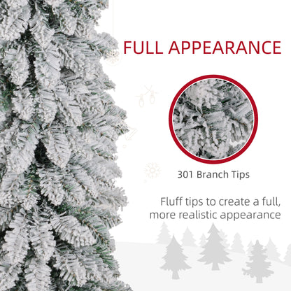 5ft Snow-Flocked Artificial Christmas Tree, Slim Pencil Xmas Tree with 301 Realistic Branches, Metal Base, Green