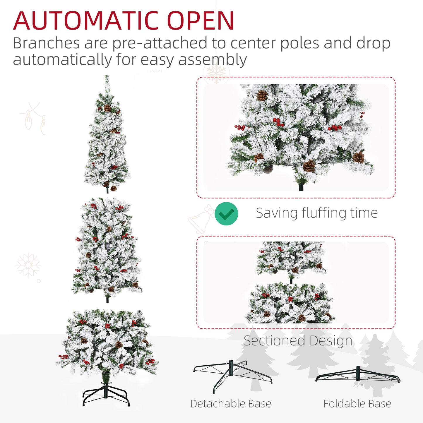 7.5 Foot Pencil Snow Flocked Artificial Christmas Tree with 950 Pine Realistic Branches, Pine Cones, Red Berries, Auto O