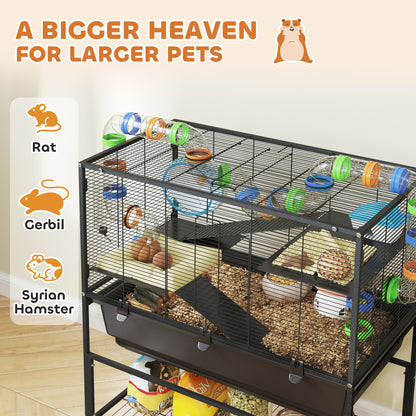 3 Tier Rolling Hamster Cage with 7" Deep Tray, Storage Shelf, Big Exercise Wheel, Tube System, for Syrian, Gerbil, Rat