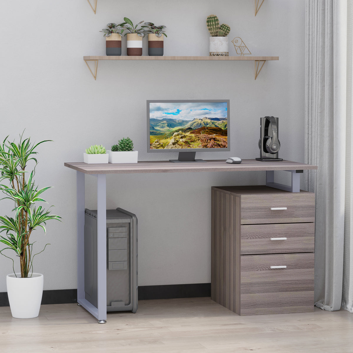 47" Computer Desk Writing Table Workstation with Multi-Use Reversible 3 Drawers Metal Frame Home Office Furniture, Dark 
