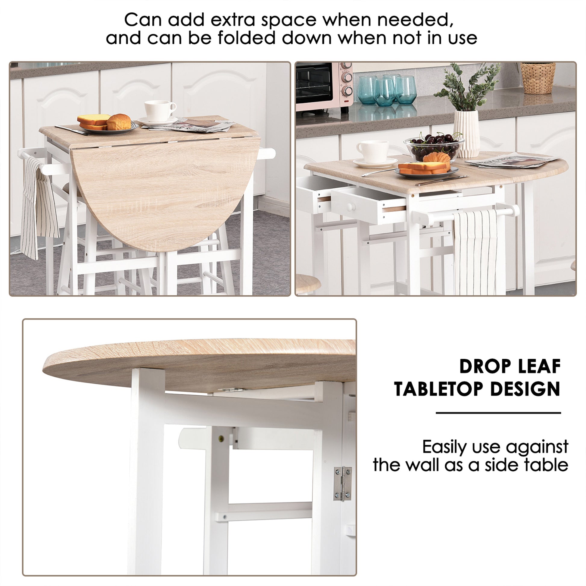 Kitchen Trolley 3 Piece Kitchen Cart Set Drop Leaf Breakfast Table and 2 Stools w/ Rolling Wheels & Towel Bars, Wood & W