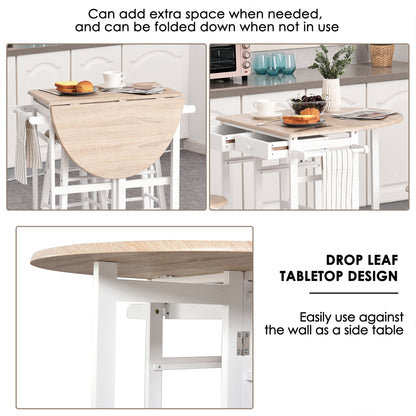 Kitchen Trolley 3 Piece Kitchen Cart Set Drop Leaf Breakfast Table and 2 Stools w/ Rolling Wheels & Towel Bars, Wood & W