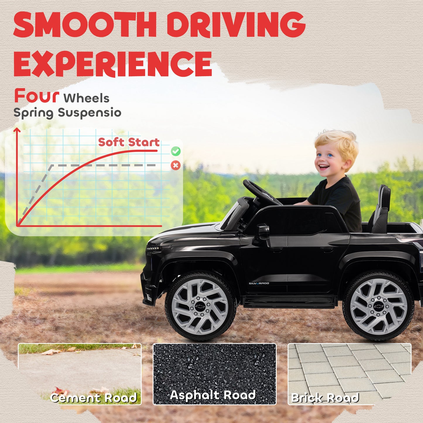 Qaba 12V CHEVROLET SILVERADO EV RST Licensed Kids Car w/ Remote, Spring Suspension, Soft Start, Training Wheels, Black