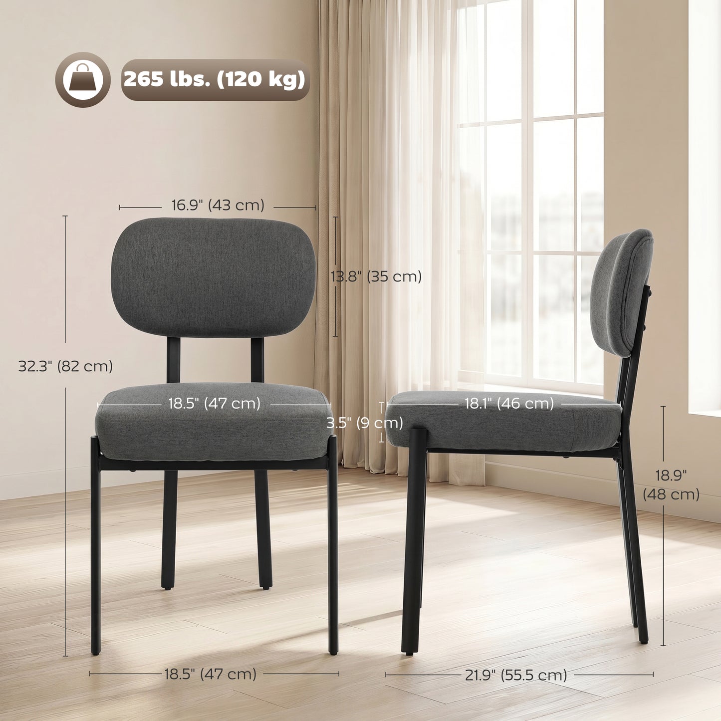Upholstered Linen Fabric Kitchen Chairs, Modern Dining Chairs Set of 2 with Metal Legs, Grey