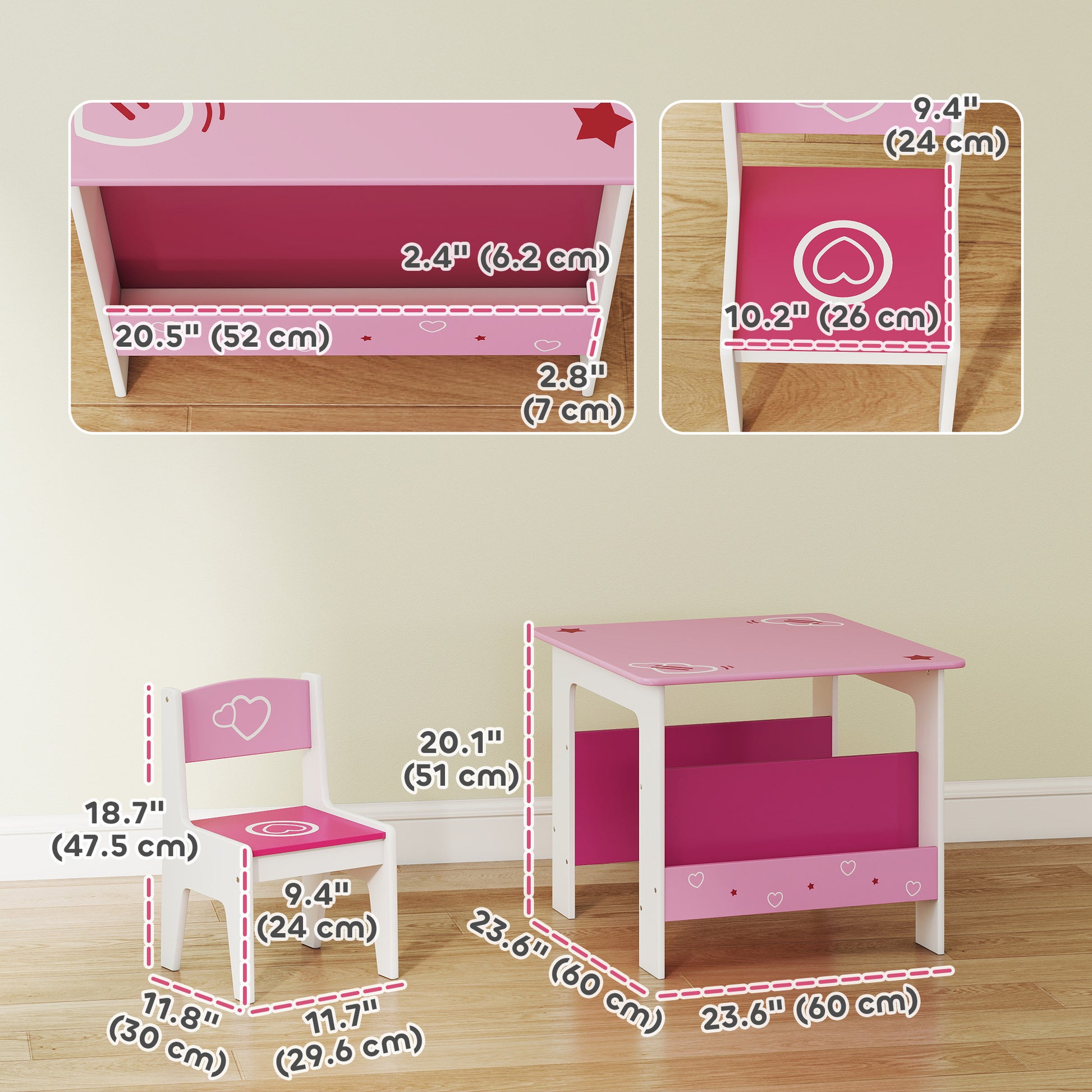 Qaba 3 Pieces Kids Table and Chair Set with Bookshelves, for Classroom, Home, Nursery, Playroom, for Read, Draw, Art, Pi