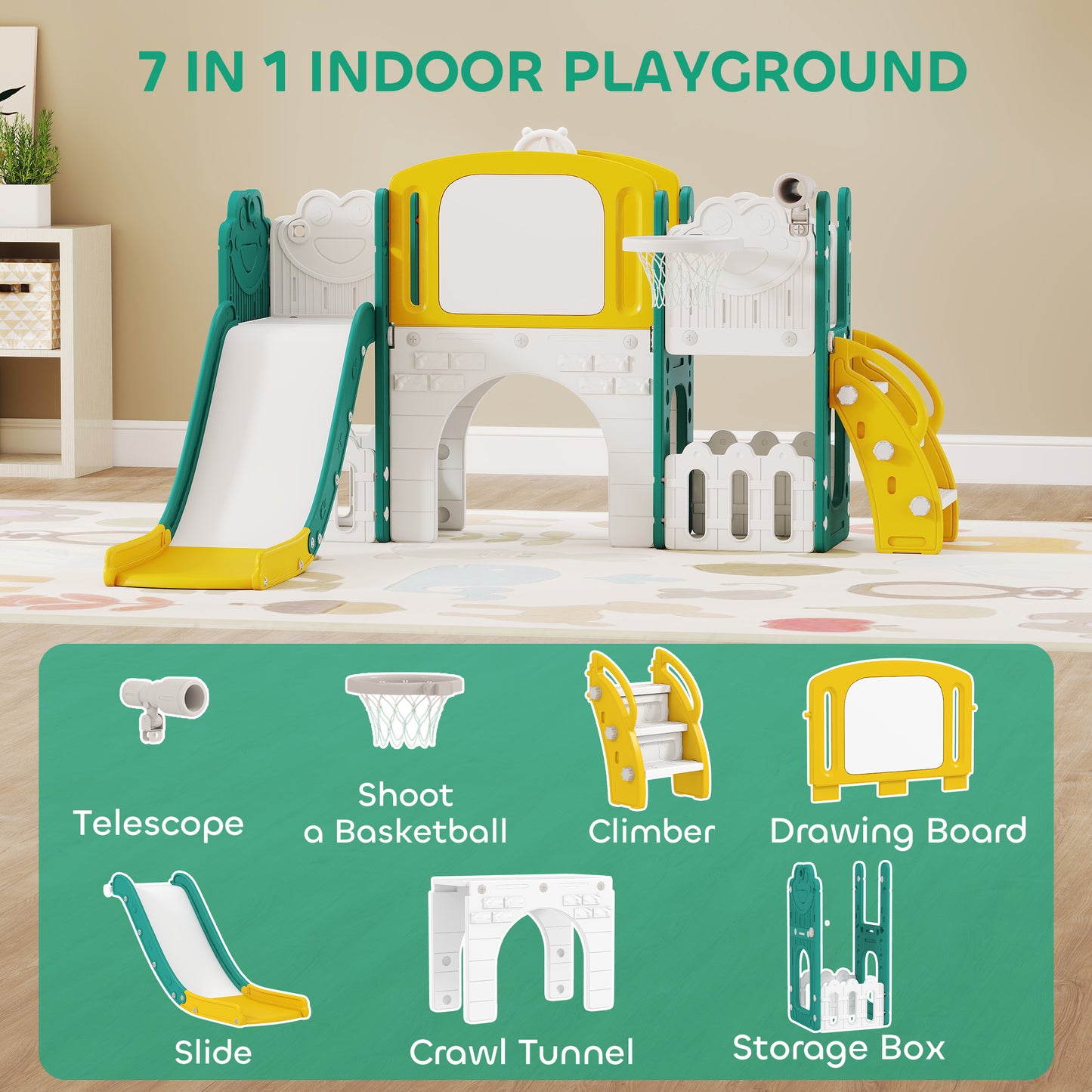 Qaba 7 in 1 Toddler Slide with Basketball Hoop, Climbing Frame, Telescope, Drawing Board, Storage Box for Ages 1-3, Yell