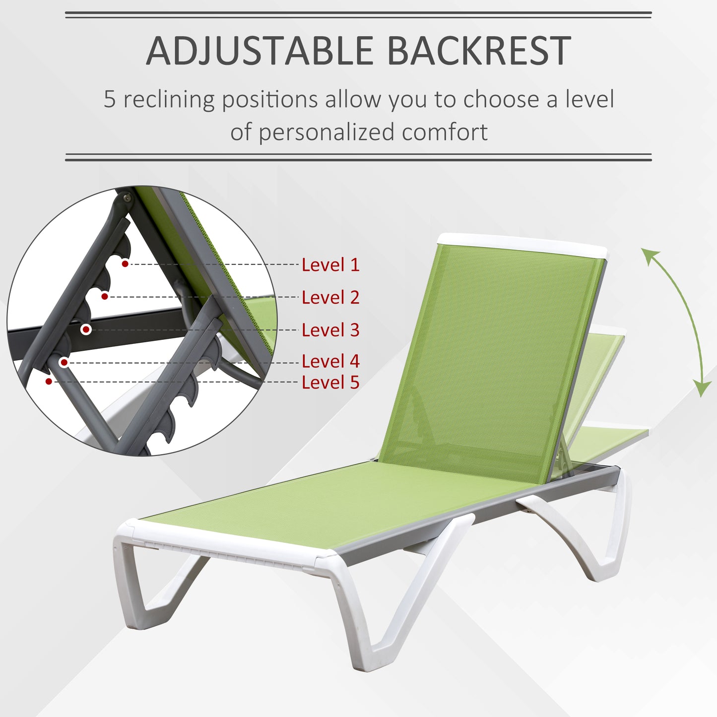 Outdoor Chaise Lounge Chair, Patio Aluminum Tanning Chair with 5-Level Adjustable Back, Portable Wheels, Breathable Mesh