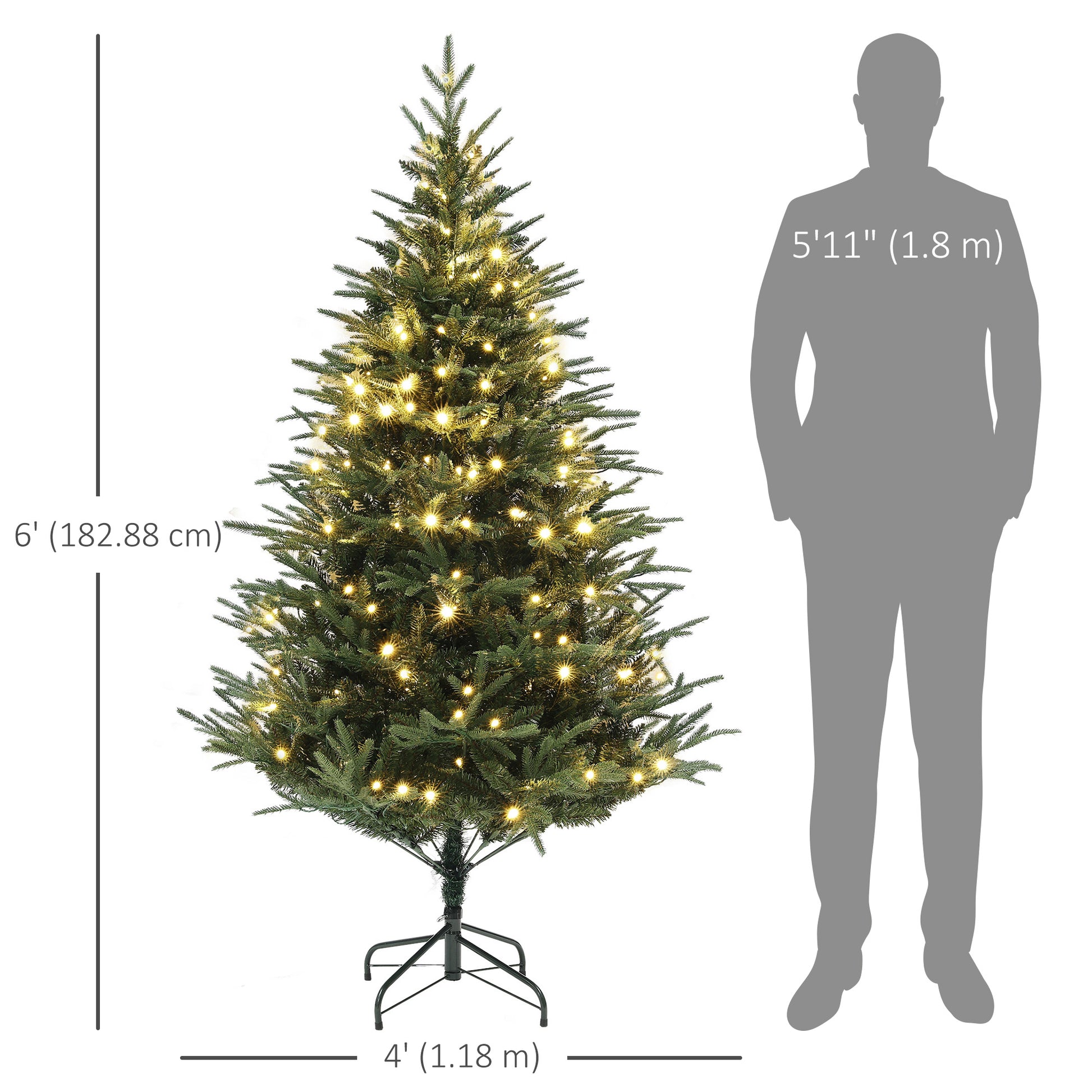 6ft Prelit Artificial Christmas Tree with 1022 Tips, Warm White LED Lights, Steel Base, Hinged Xmas Tree, Auto Open