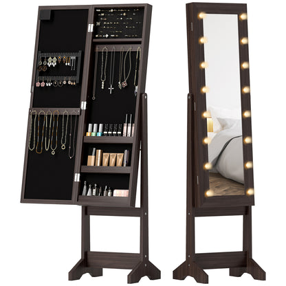 Free Standing Armoire Organizer, Lighted Mirrored Jewelry Cabinet w/ Angle Adjustable & 16 LED Lights, Dark Brown