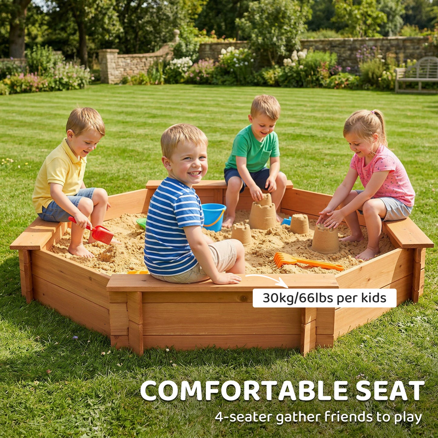 Kids Sandbox with Cover, Wooden Sand Box with Seat, Outdoor Children Sand Pit for Backyard, Garden for Ages 3-8, Red