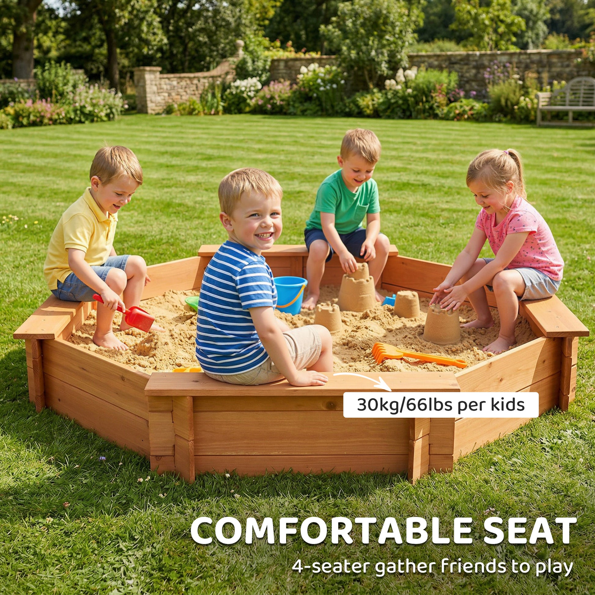 Kids Sandbox with Cover, Wooden Sand Box with Seat, Outdoor Children Sand Pit for Backyard, Garden for Ages 3-8, Red