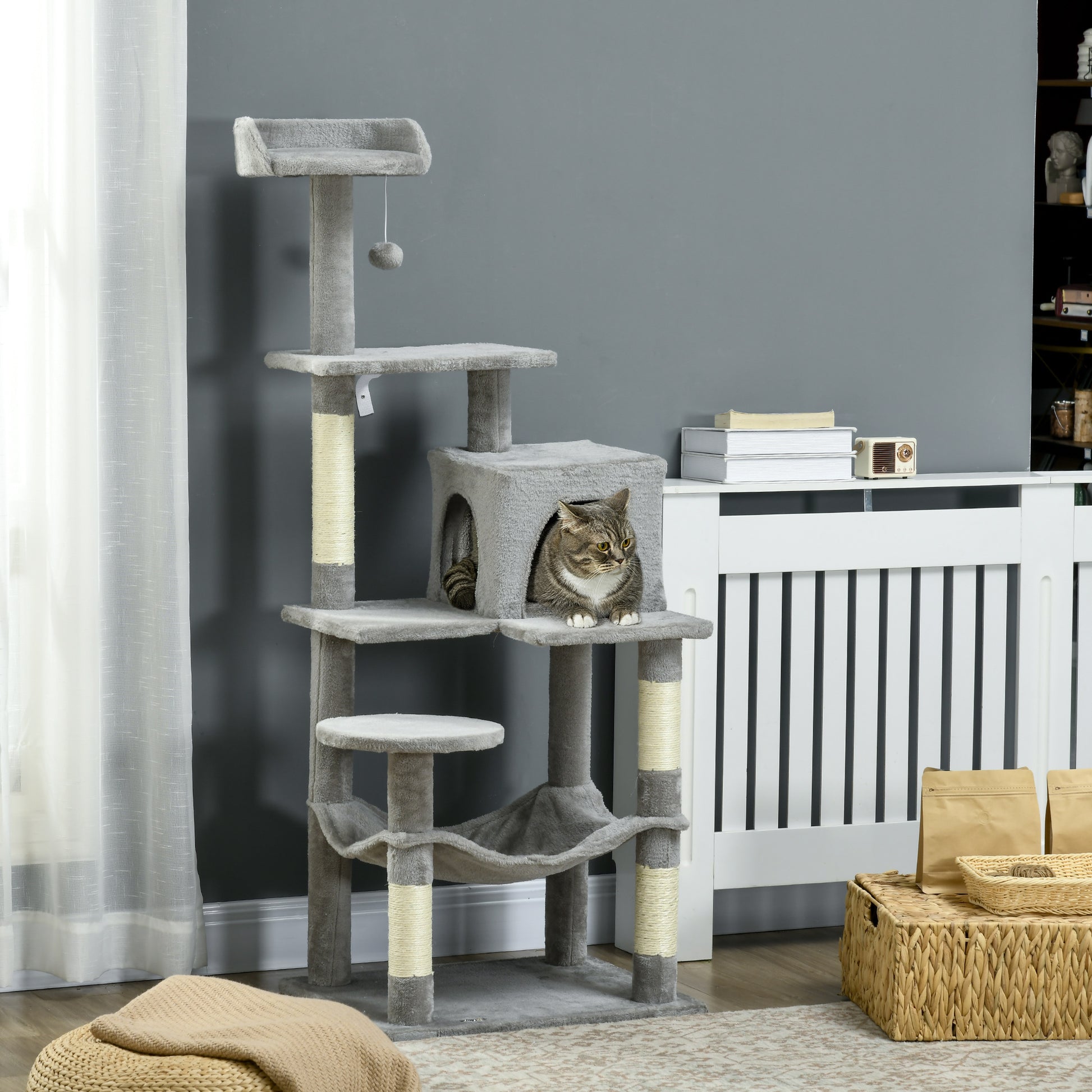Tall Cat Tree for Indoor Cats, 56" Multi-Level Cat Tower with Hammock, Cat Bed, Cat Condo with Sisal Scratching Posts, G