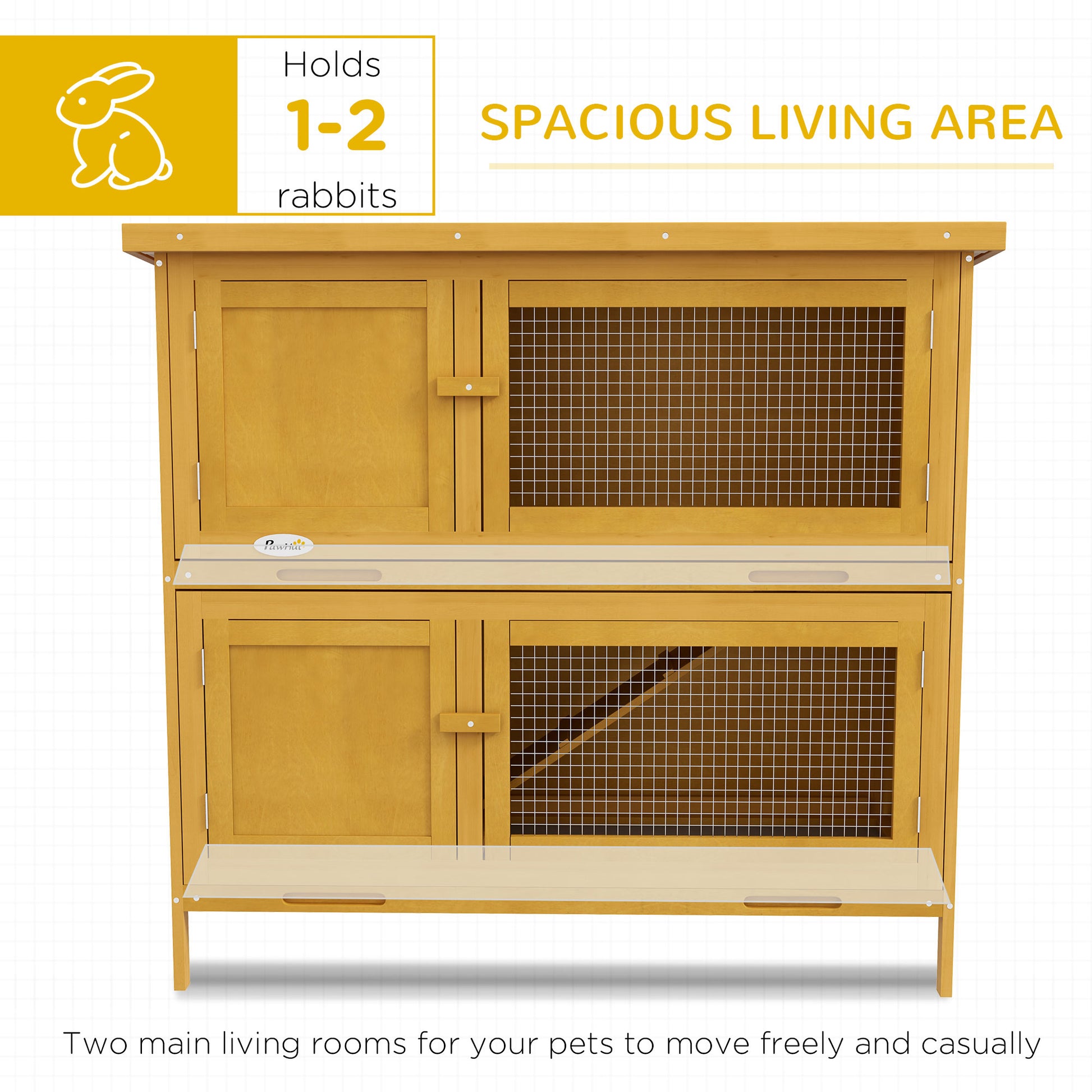 Wood Rabbit Hutch with 2 Large Main House, Ramp, Trays, Yellow